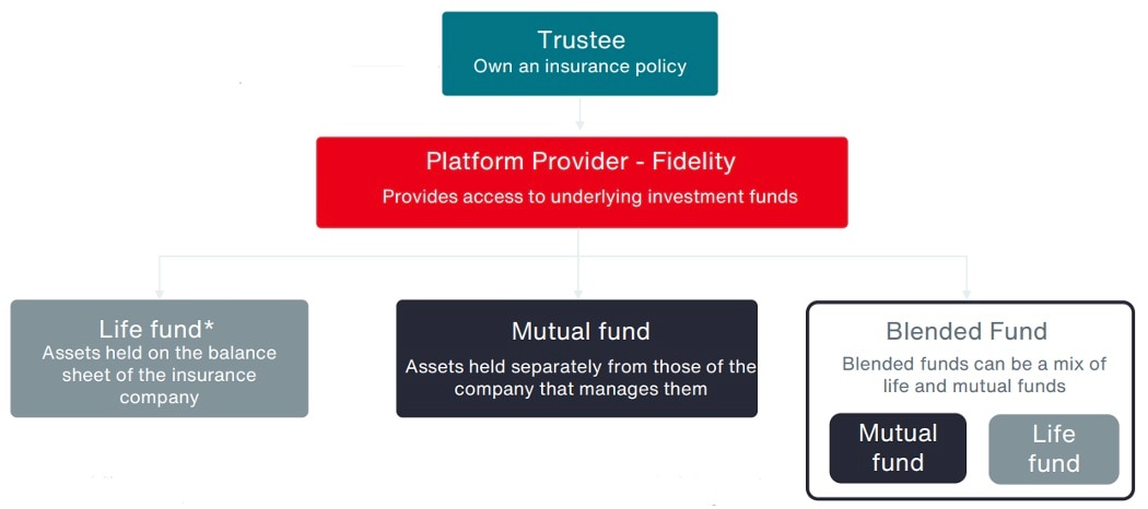 Flowchart shows that the Trustee owns an insurance policy. This policy provides access to the underlying funds in the DC account held and managed by investment platform provider Fidelity International.  These funds are split into Life fund where assets are held on the balance sheet of the insurance company, Mutual fund where assets are held separately from those of the company that manages them, and Blended fund which is a mix of both Mutual and Life funds